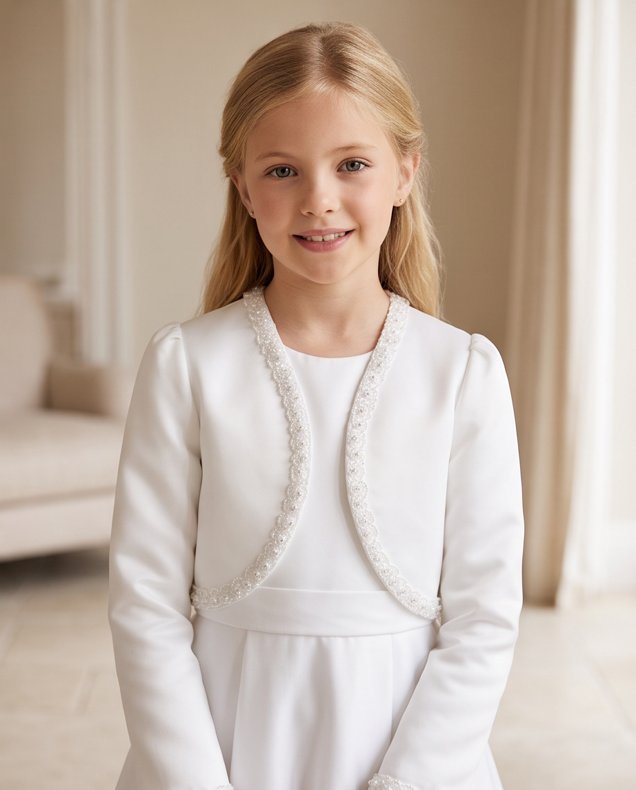 Girl wearing white satin bolero jacket with pearl trim outdoors
