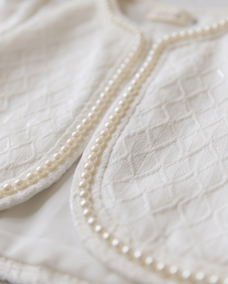 Close-up of pearl trim detail along hem of white textured knit communion jacket