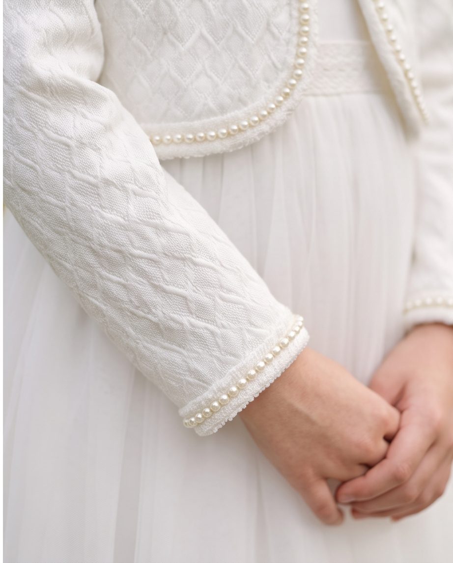 Close-up of double row pearl trim detail on white textured knit communion jacket fabric