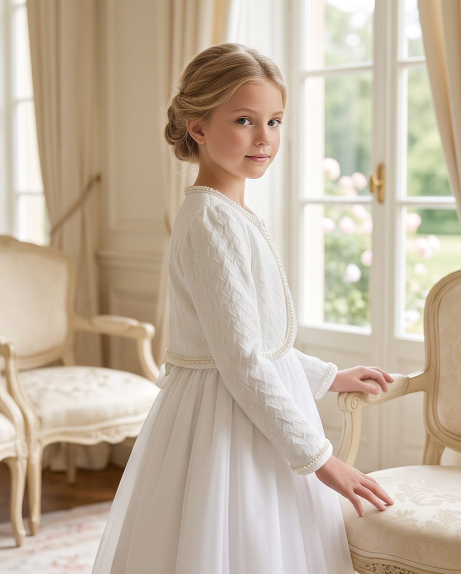 Girl wearing white pearl trim communion jacket back view showing textured knit fabric and pearl collar detail in church
