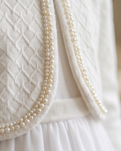 Girl wearing white pearl trim communion jacket three-quarter front view in church setting