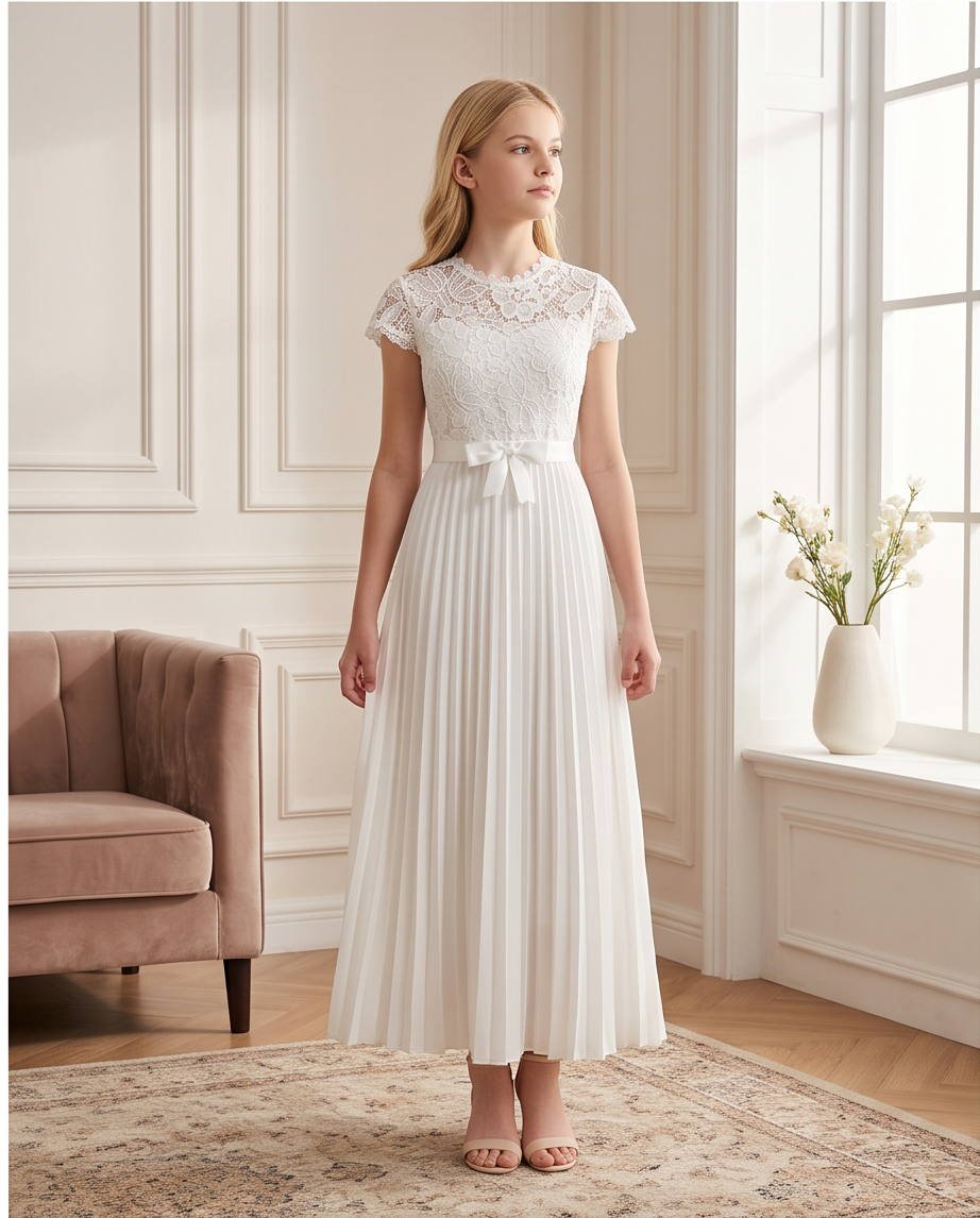 Model wearing ivory communion dress
