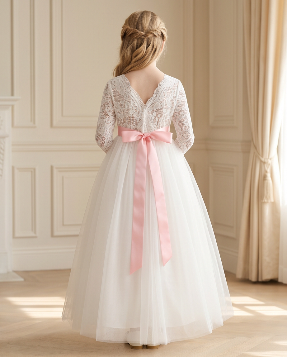 Ivory long sleeve communion dress front view
