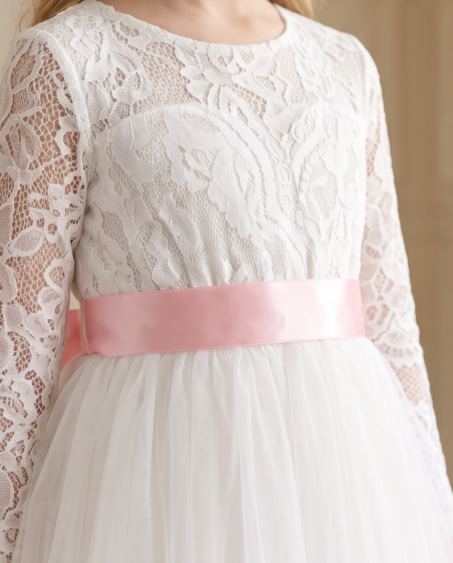 Girl wearing ivory lace tulle dress with bouquet