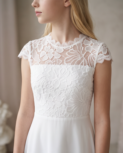 Teen Lace Communion Dress - lace neckline detail