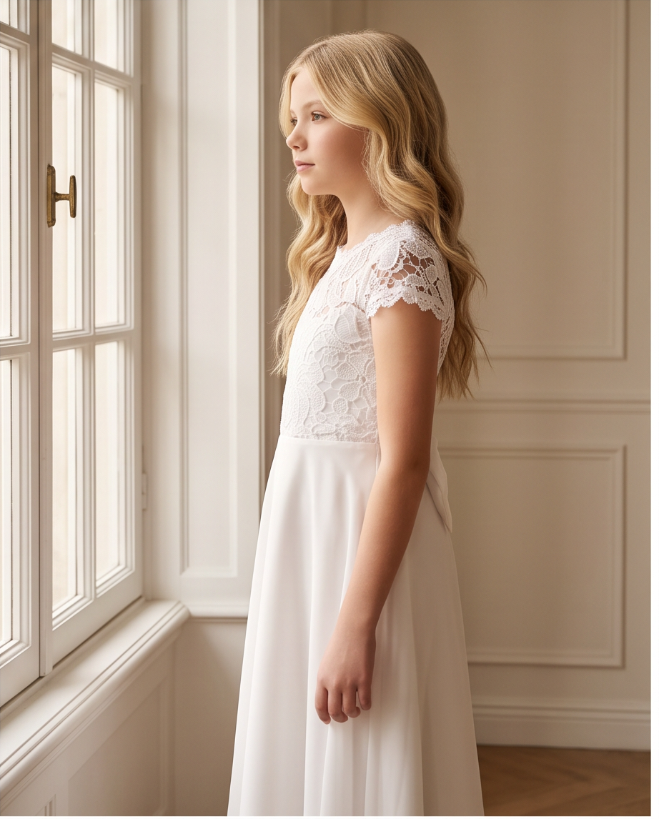 Girls Lace Communion Dress - back view with satin bow