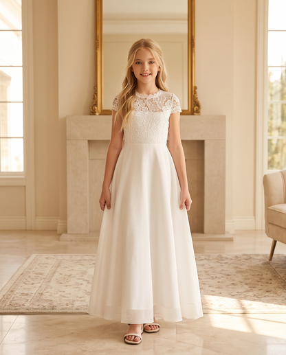 Girls Lace Communion Dress - seated with bouquet