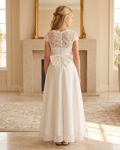 Girls Lace Communion Dress - lace neckline detail