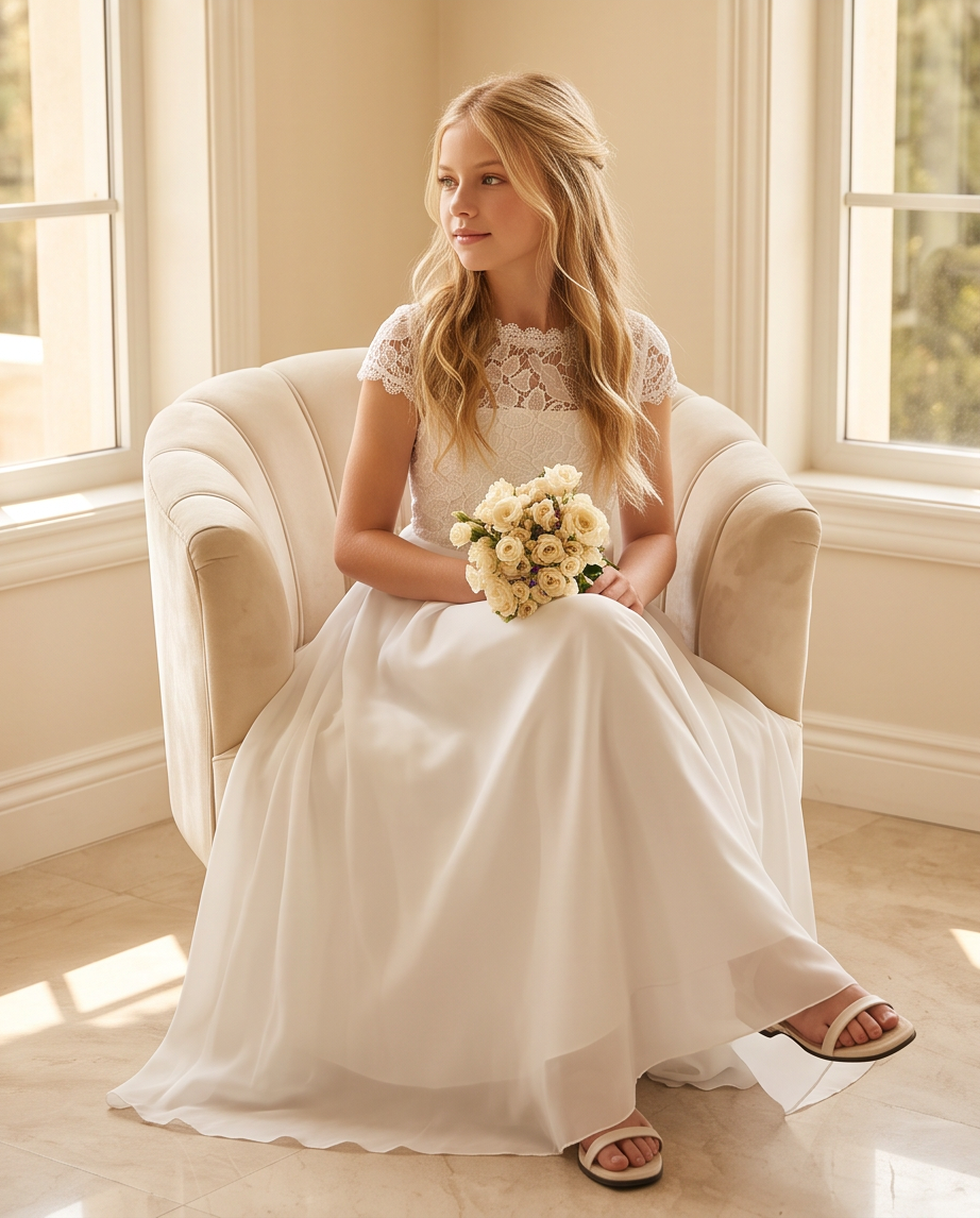 Girls Lace Communion Dress - full length side