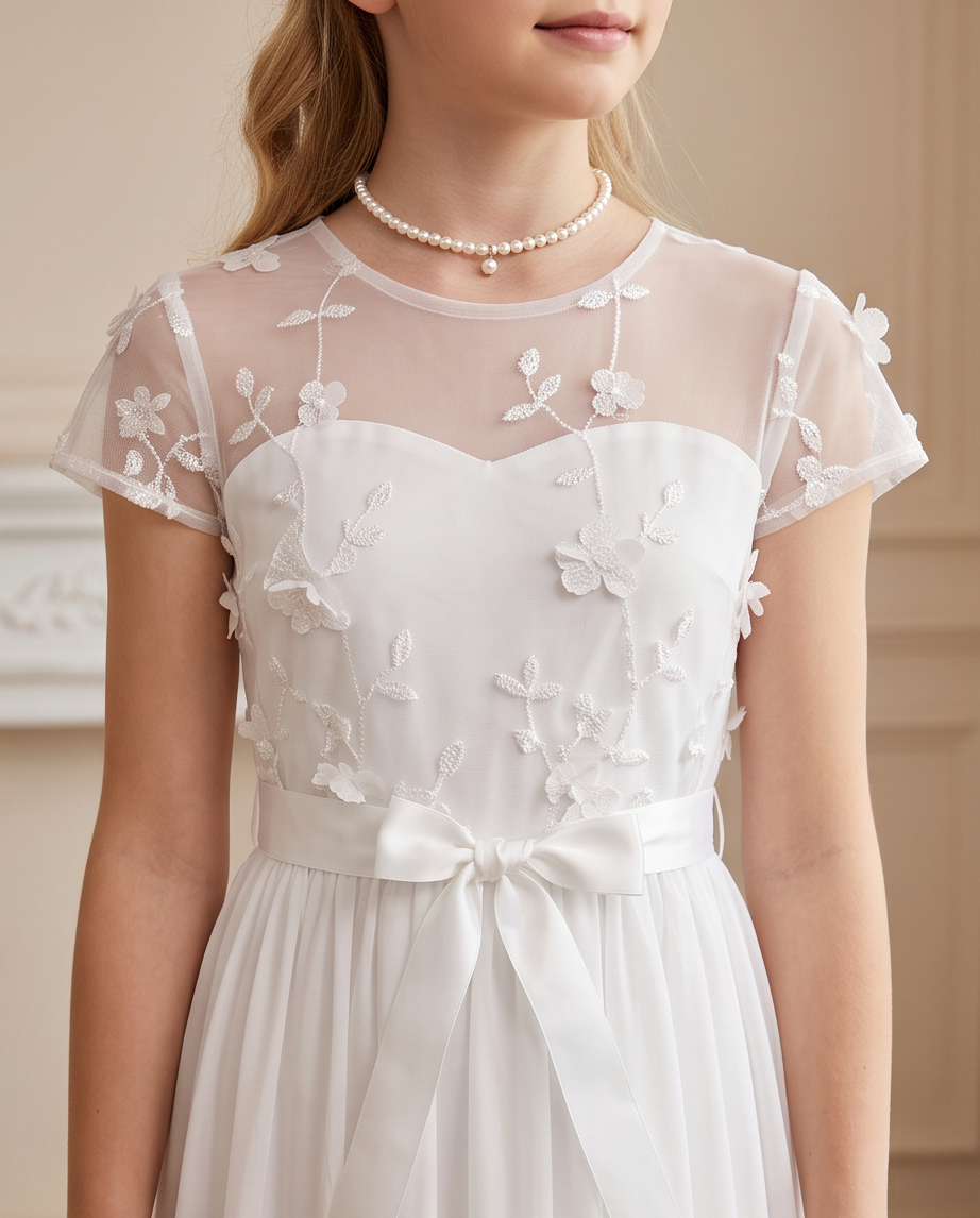 Pearl Garden Communion Dress - back view bright setting