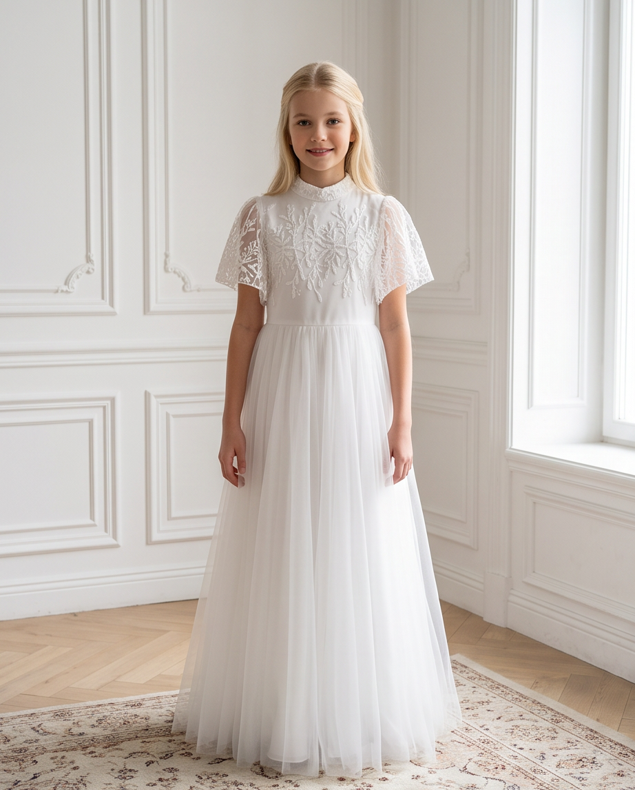 Ivory Blossom Communion Dress - elegant setting
