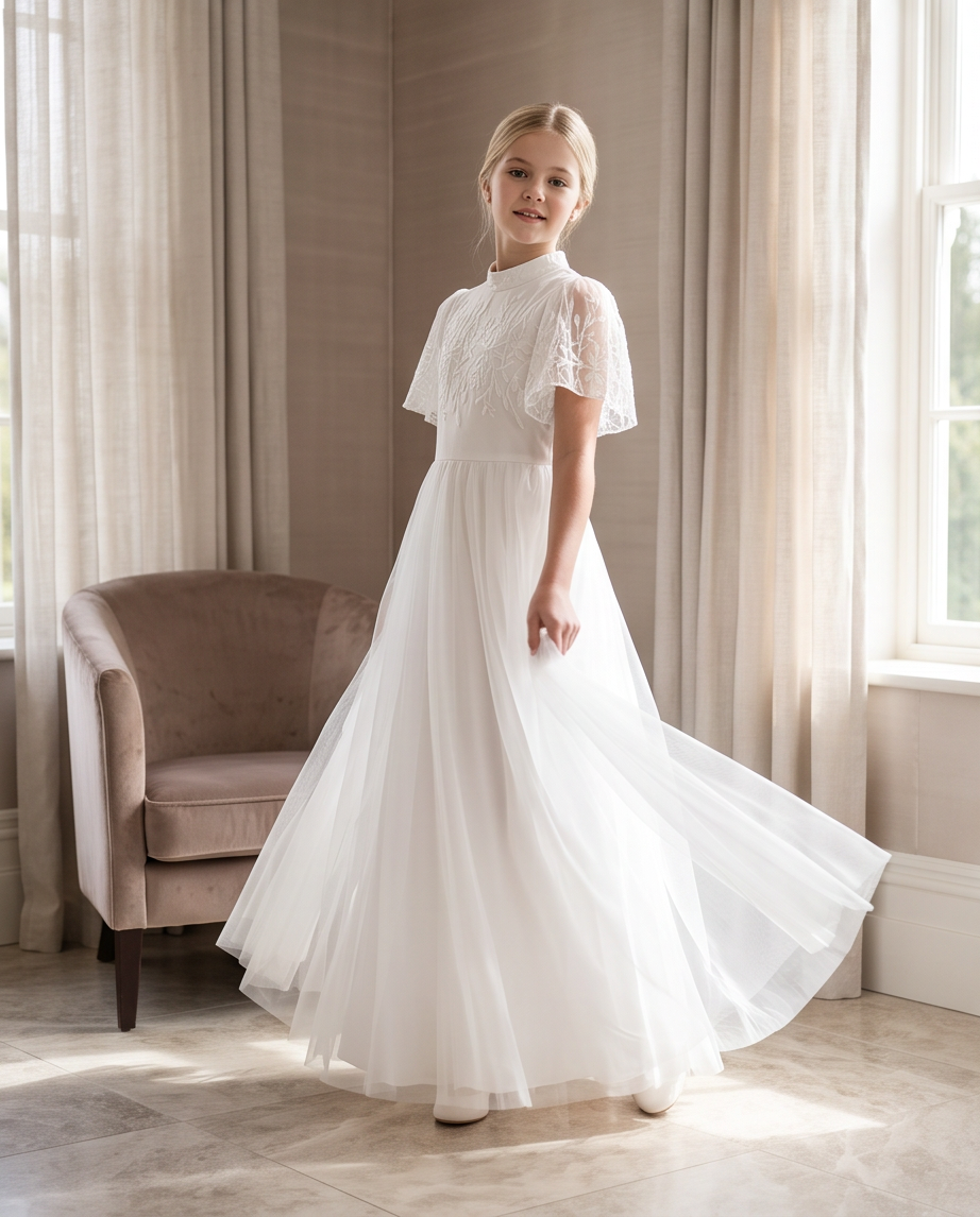 Ivory Blossom Communion Dress - close up smile