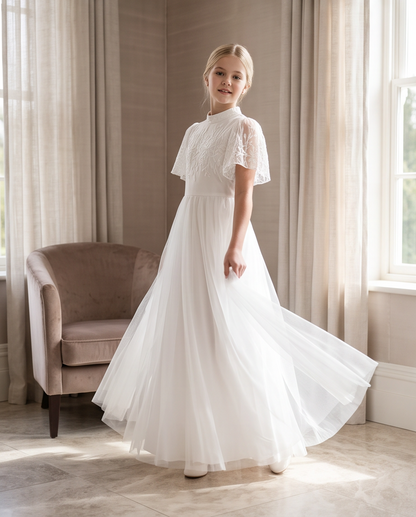 Ivory Blossom Communion Dress - close up smile