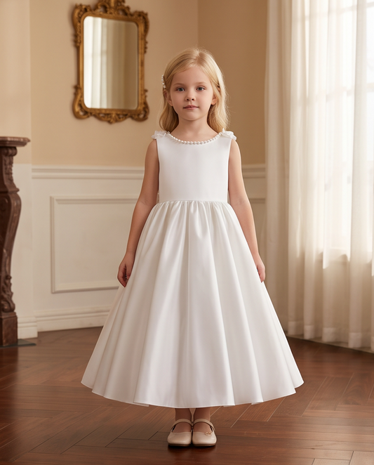 Close up of pearl neckline and floral shoulder detail on ivory communion dress