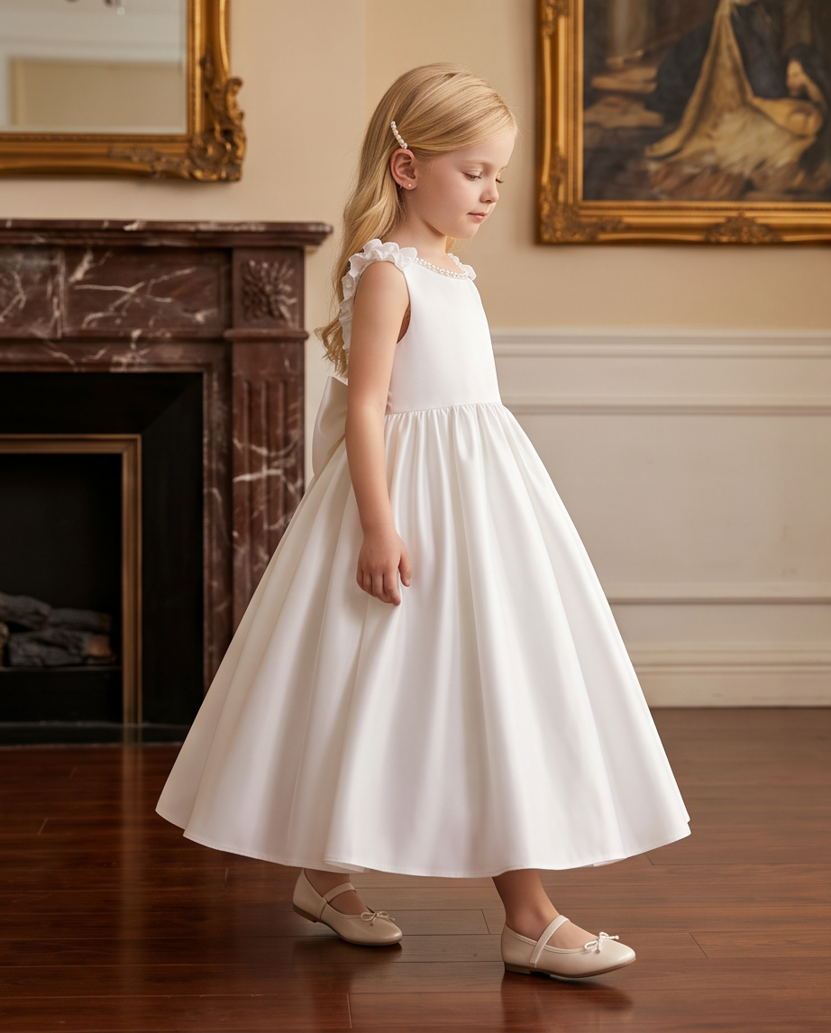 Ivory satin communion dress back bow detail close up