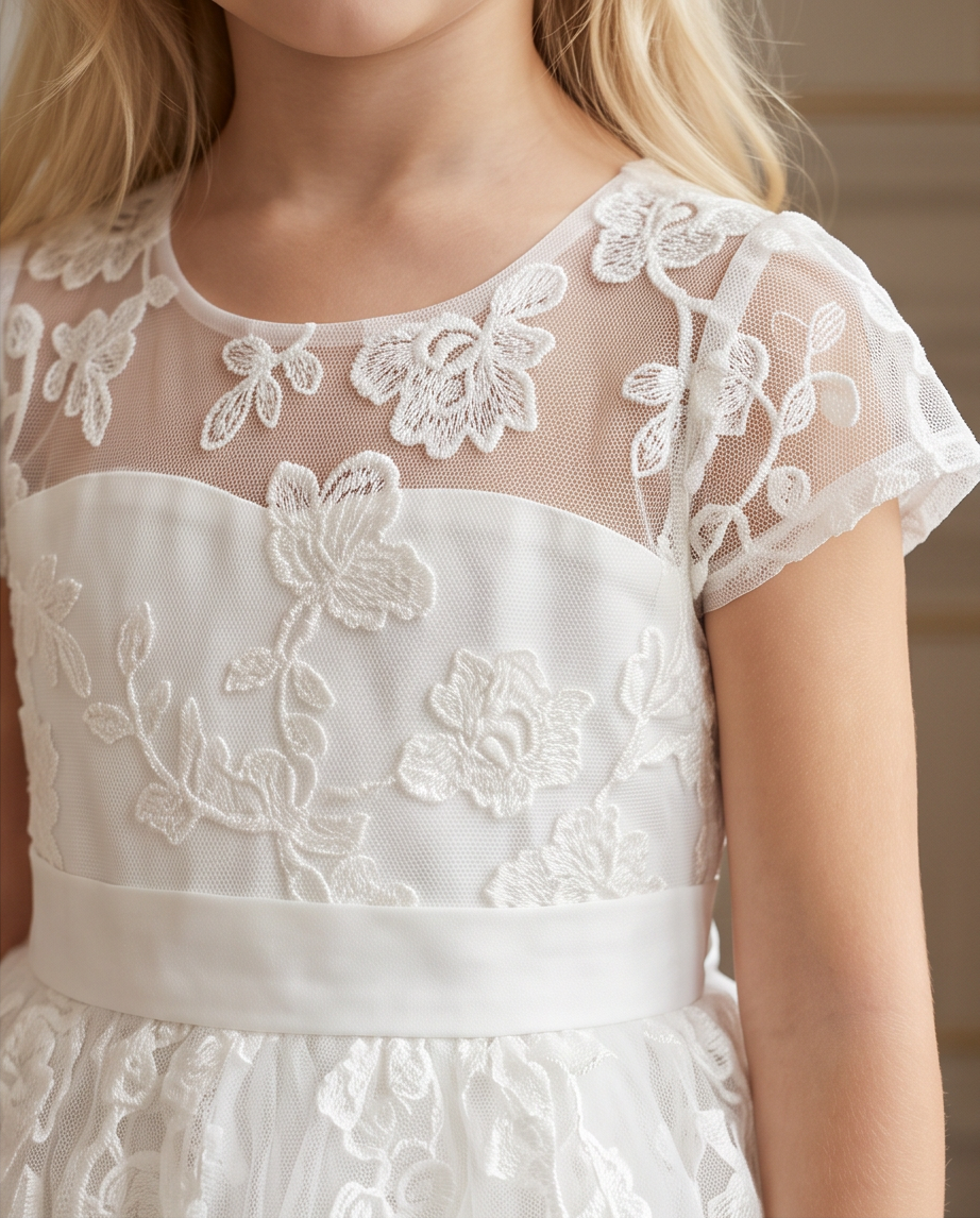 Girl in white lace communion dress twirling full tulle skirt side view