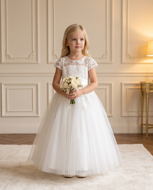 White lace communion dress full length front view elegant pose