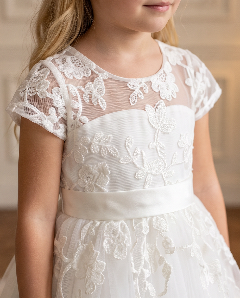 Girl in white floral lace communion dress standing by window natural light