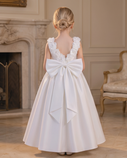 Girl in ivory satin communion dress standing elegant pose