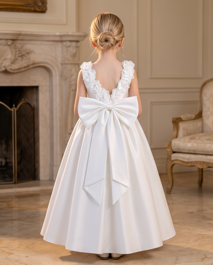 Girl in ivory satin communion dress with pearl trim side view