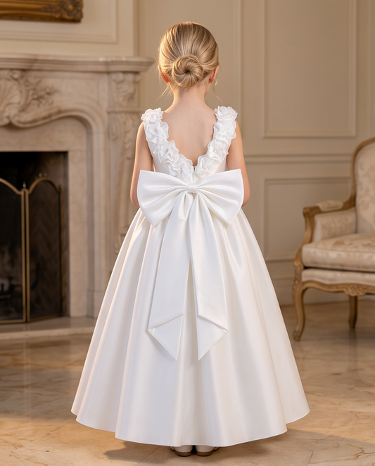 Girl in ivory satin communion dress with pearl trim side view