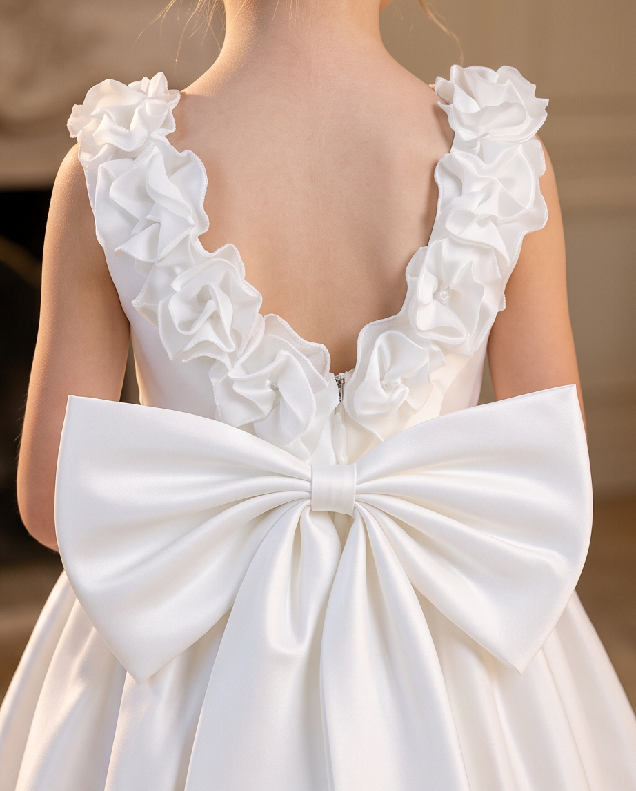 Ivory satin communion dress full length back view with oversized bow