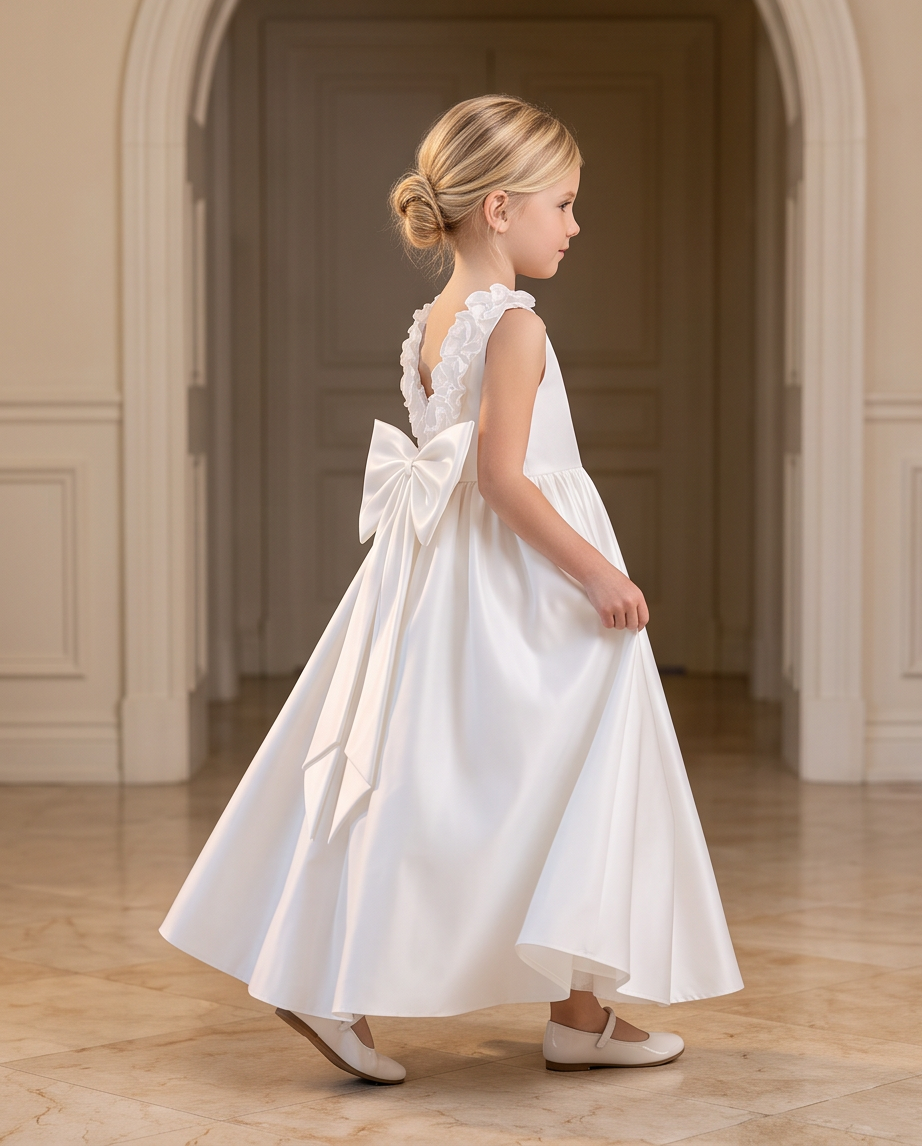 Girl in ivory satin communion dress walking full length view
