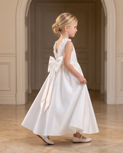 Girl in ivory satin communion dress walking full length view