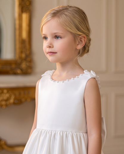 Ivory satin communion dress back view with ruffle straps and large bow