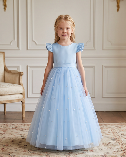 Girl wearing powder blue satin and tulle communion dress with flutter sleeves front view