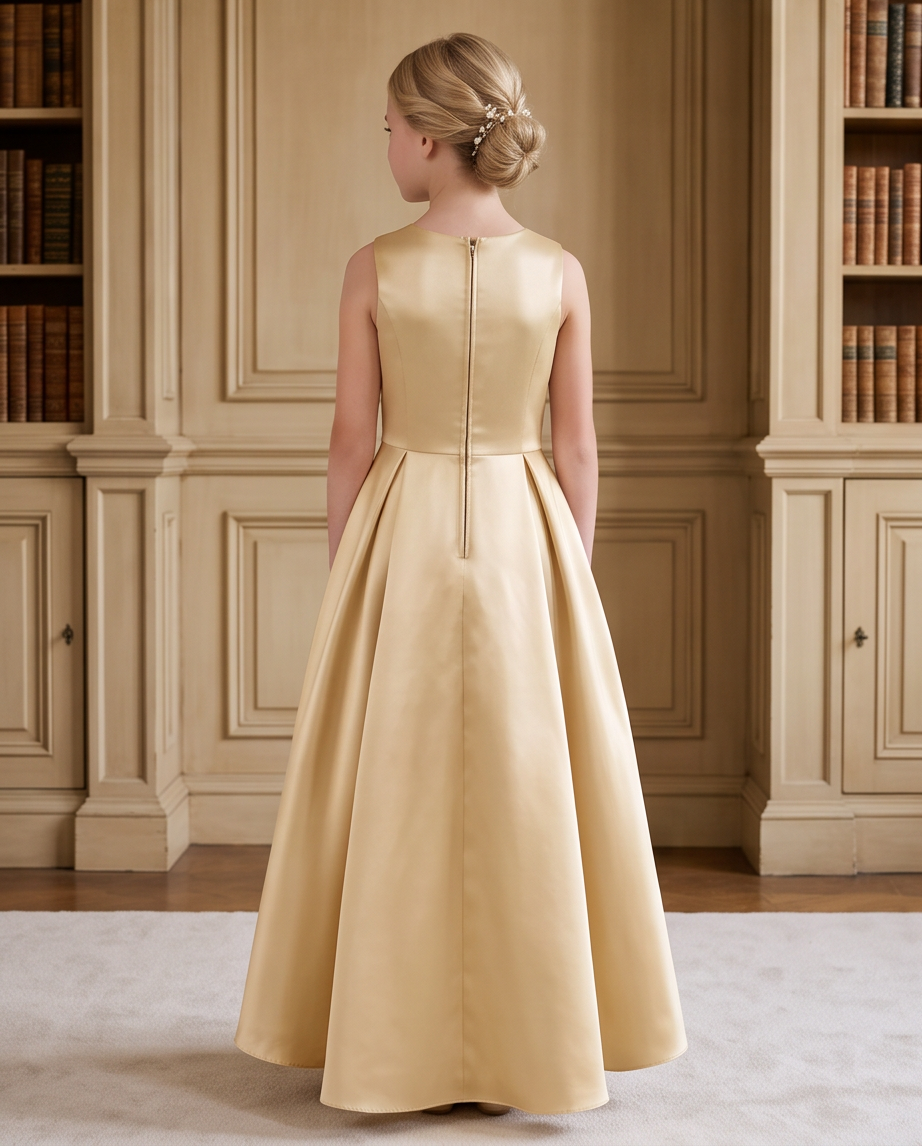 Girl in crimson red satin high-low dress side view showing hem