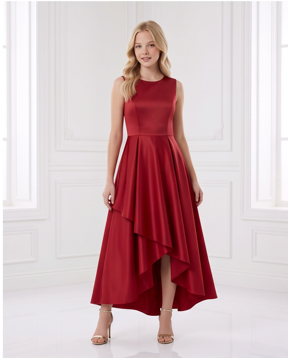 Girl in crimson red satin high-low dress standing by window