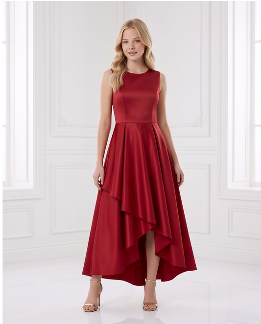 Girl in crimson red satin high-low dress standing by window