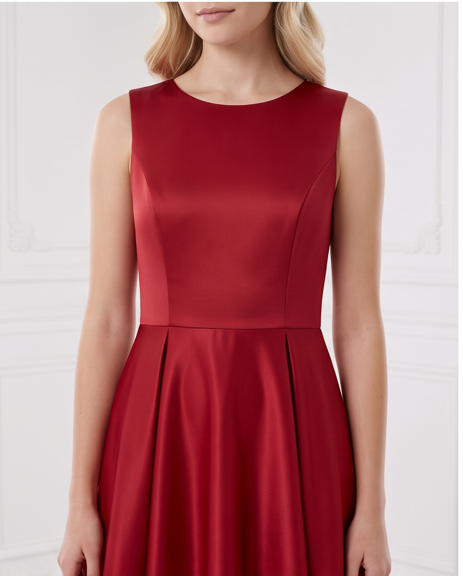 Girl in champagne gold satin high-low dress front view pleated skirt