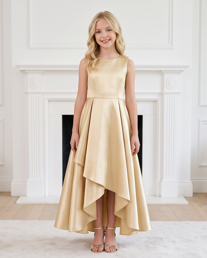 Girl in champagne gold satin high-low dress side view