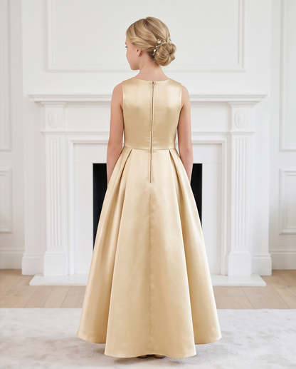 Girl in champagne gold satin dress elegant pose full length