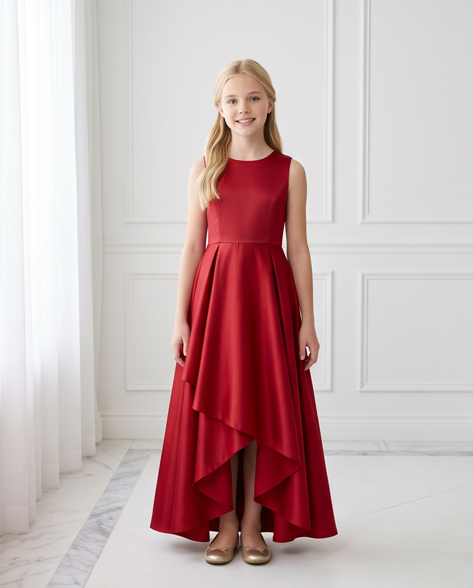 Crimson red satin high-low dress twirling skirt movement detail