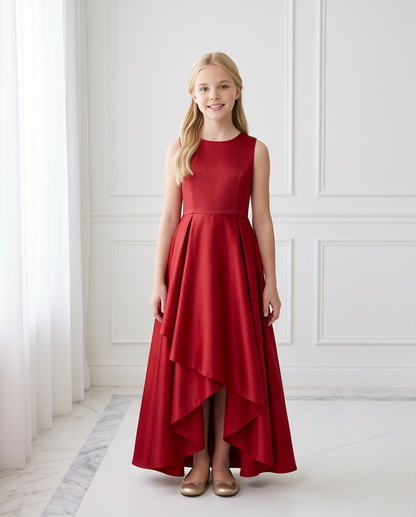Crimson red satin high-low dress twirling skirt movement detail