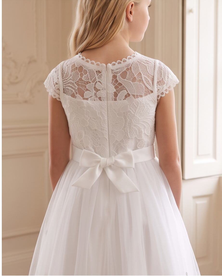 Girl wearing a lace communion dress
