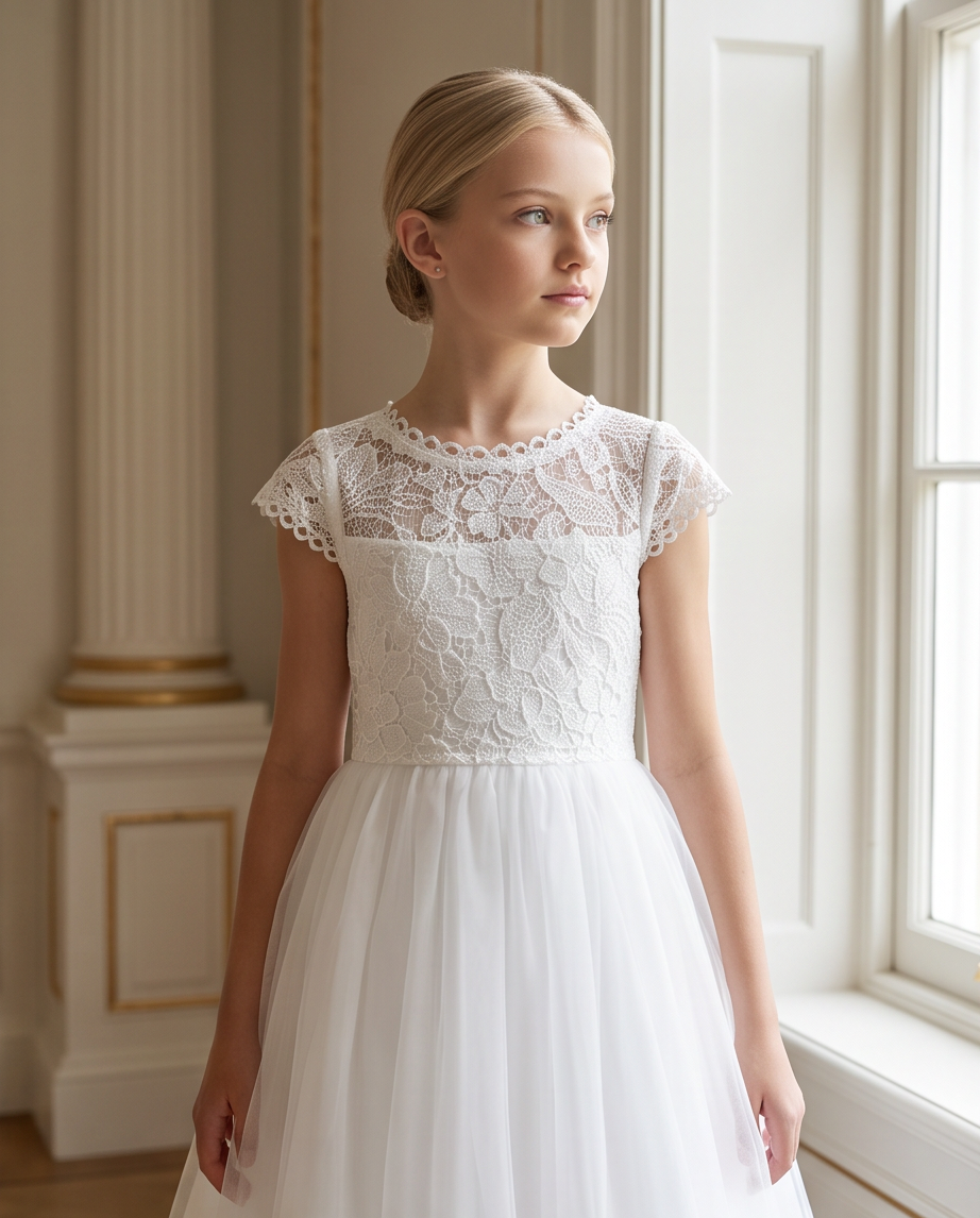 Girl wearing a lace communion dress