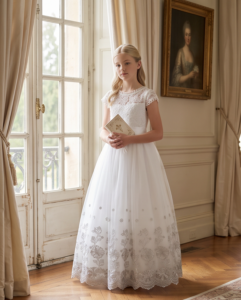 Girl wearing a lace communion dress