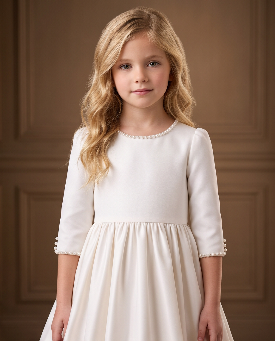Girl wearing a white satin communion dress