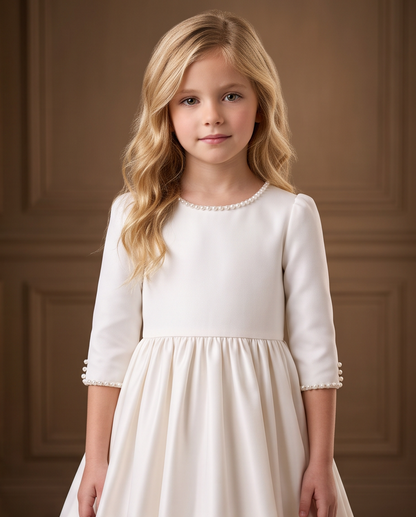 Girl wearing a white satin communion dress