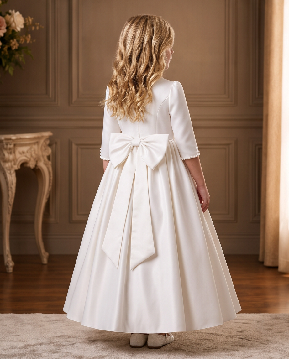 Girl wearing a white satin communion dress