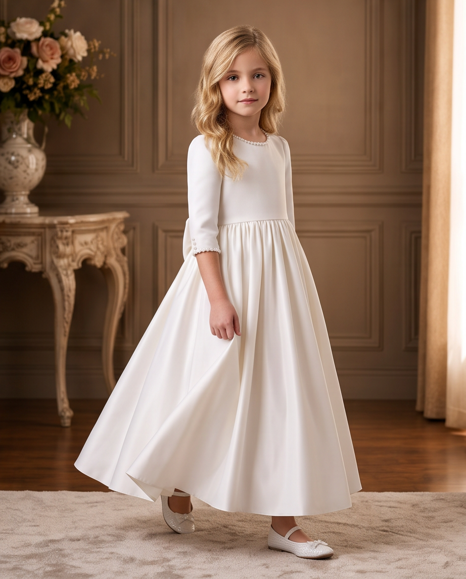 Girl wearing a white satin communion dress