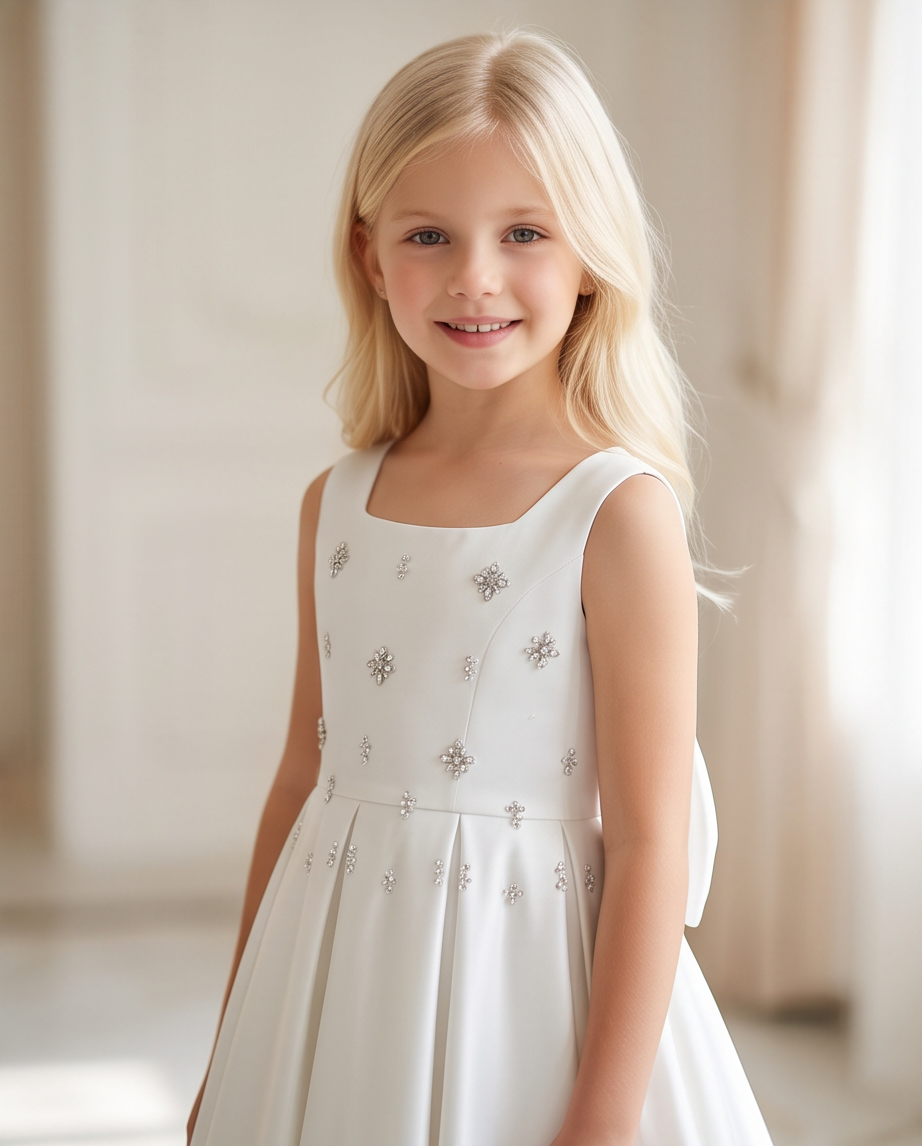 A young blonde girl smiling in a sleeveless white dress with silver rhinestone embellishments, photographed in a softly lit indoor setting.