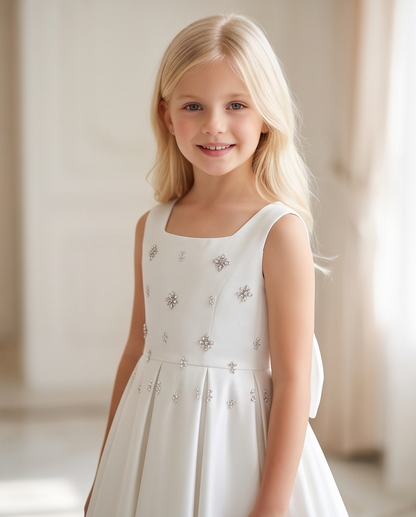 A young blonde girl smiling in a sleeveless white dress with silver rhinestone embellishments, photographed in a softly lit indoor setting.