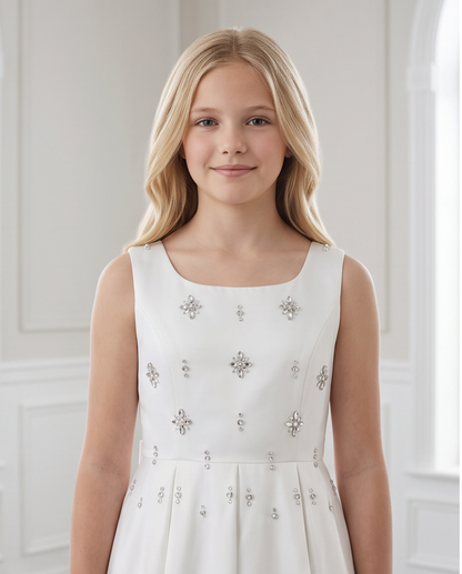 A young blonde girl wearing a sleeveless white dress with silver floral embellishments, standing against a bright, softly lit white paneled wall.