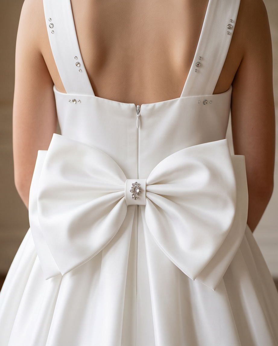 Close-up back view of a white dress with a large satin bow at the waist, thin embellished straps, and a small jeweled center detail.