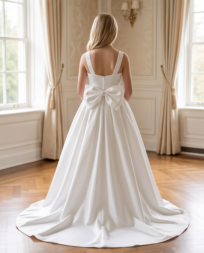 A woman viewed from behind wearing a white bridal gown with a large bow at the back, standing in a bright room with tall windows, cream curtains, and a polished wood floor.